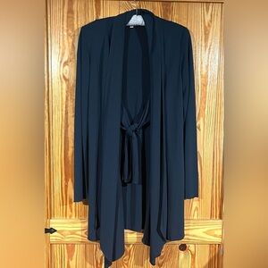 CAbi Waterfall Shawl Neck Tie Front Flowy Cardigan Jacket in Navy Blue